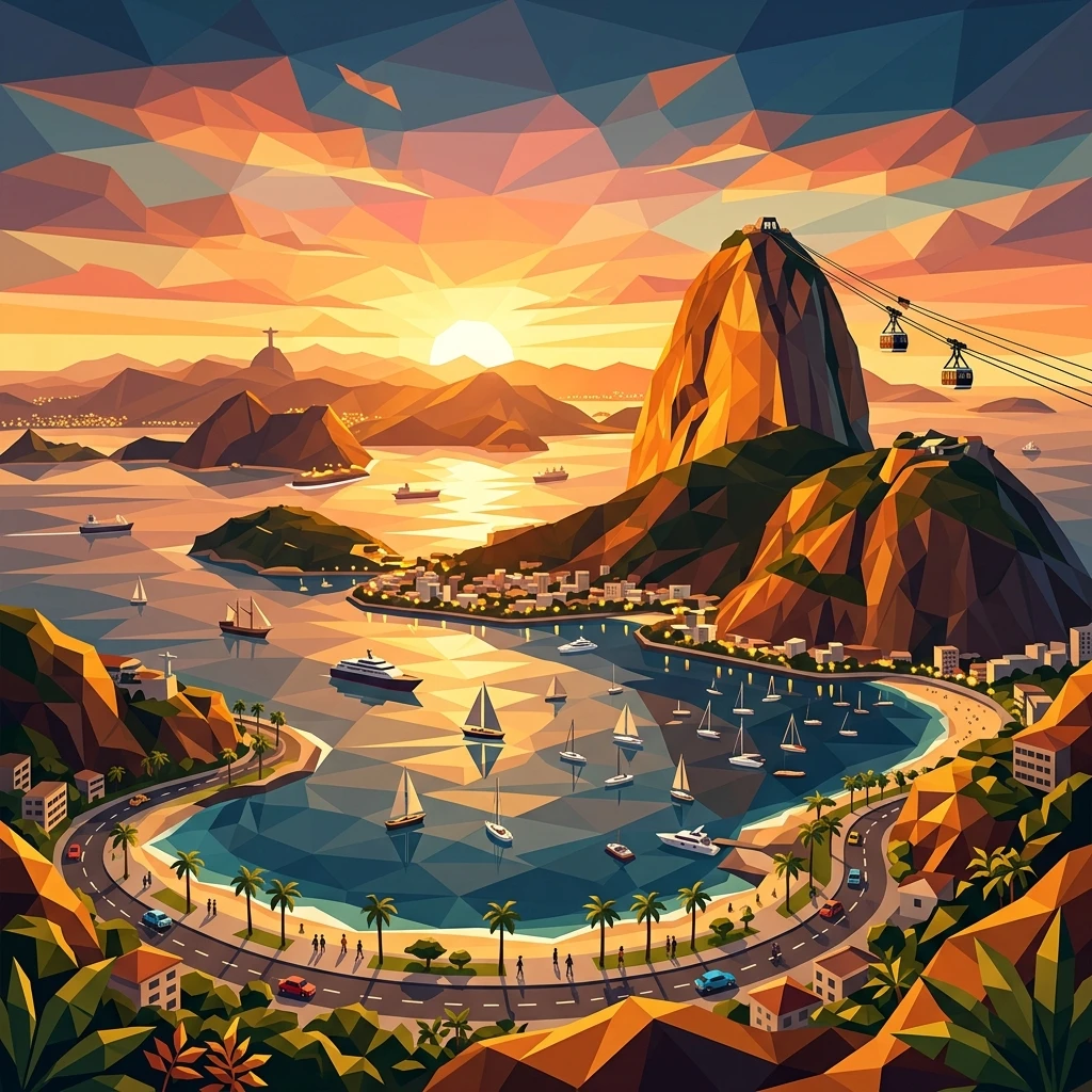 Ilustração em estilo low poly do Rio de Janeiro, com o Pão de Açúcar e a Baía de Guanabara sob um pôr do sol caloroso em tons dourados e alaranjados