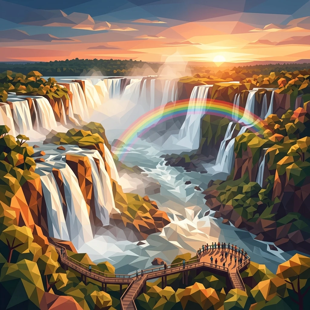 Ilustração em estilo low poly das Cataratas do Iguaçu, destacando as quedas d'água majestosas e um suave arco-íris sob a luz do entardecer