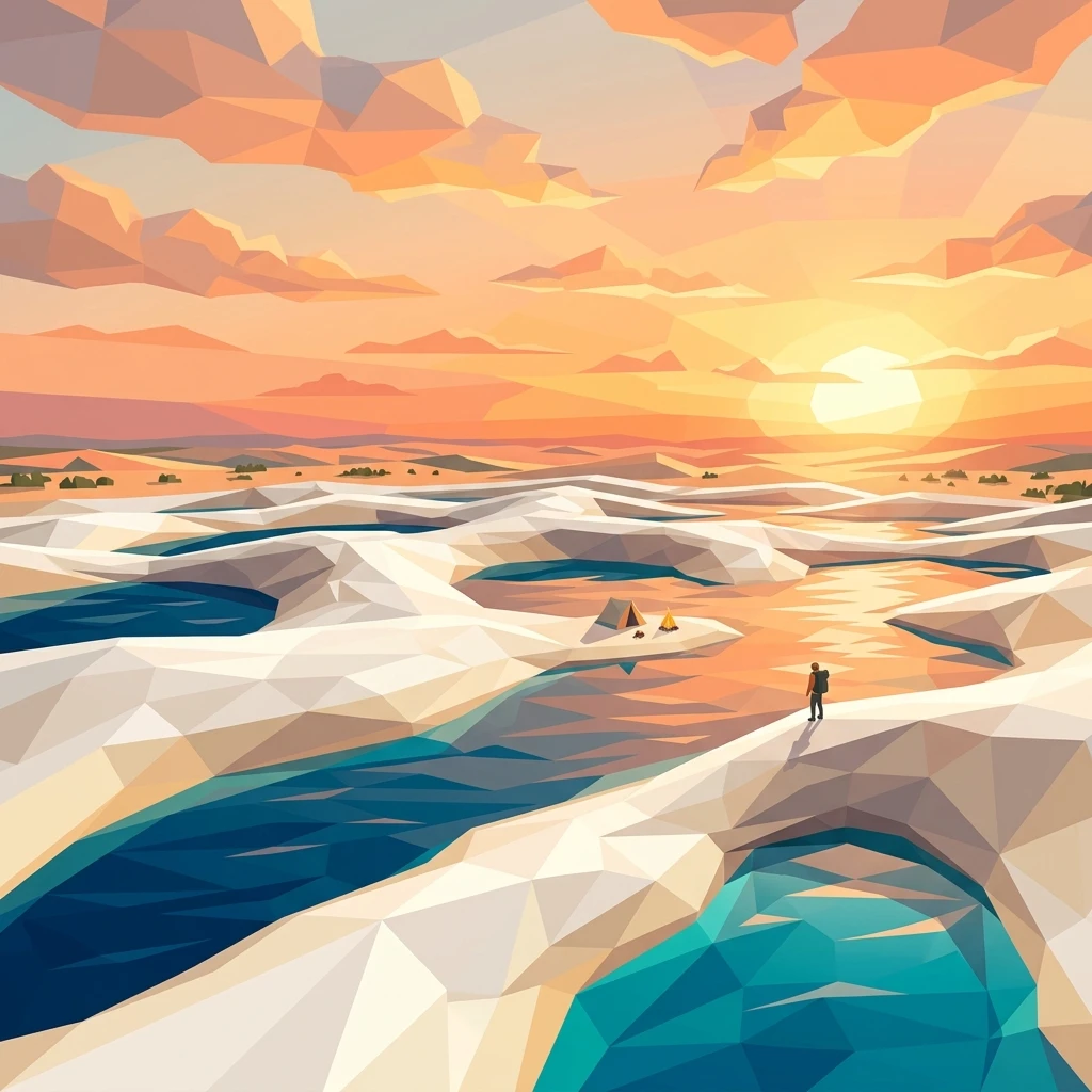 Ilustração em estilo low poly dos Lençóis Maranhenses, retratando as dunas de areia branca e lagoas azul-turquesa sob o brilho de um pôr do sol aconchegante