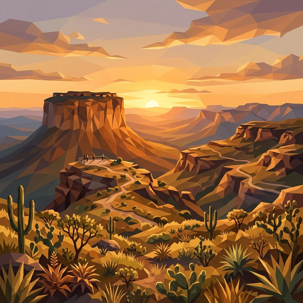 Ilustração em estilo low poly da Chapada Diamantina, destacando o Morro do Pai Inácio banhado pela luz dourada e rústica do entardecer