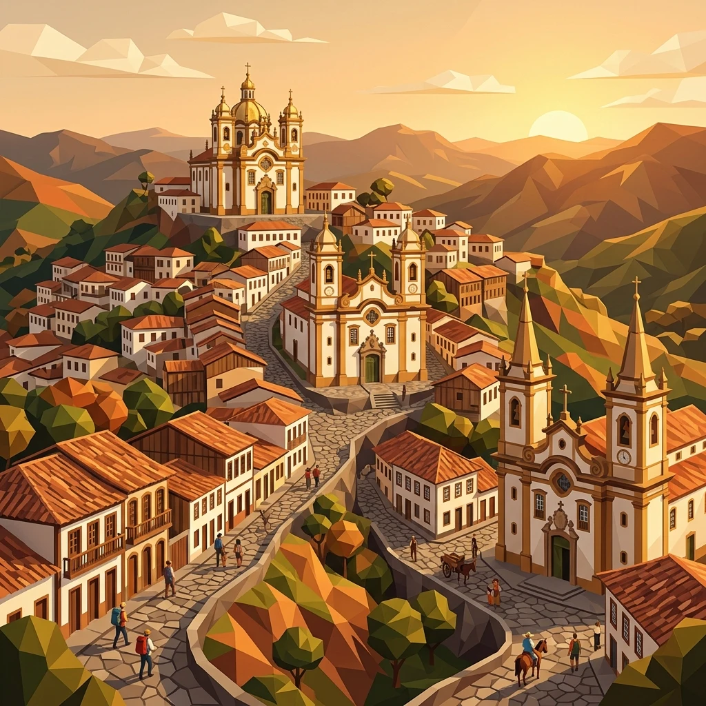 Ilustração em estilo low poly do centro histórico de Ouro Preto, mostrando ladeiras e igrejas coloniais barrocas iluminadas pelo brilho acolhedor de fim de tarde